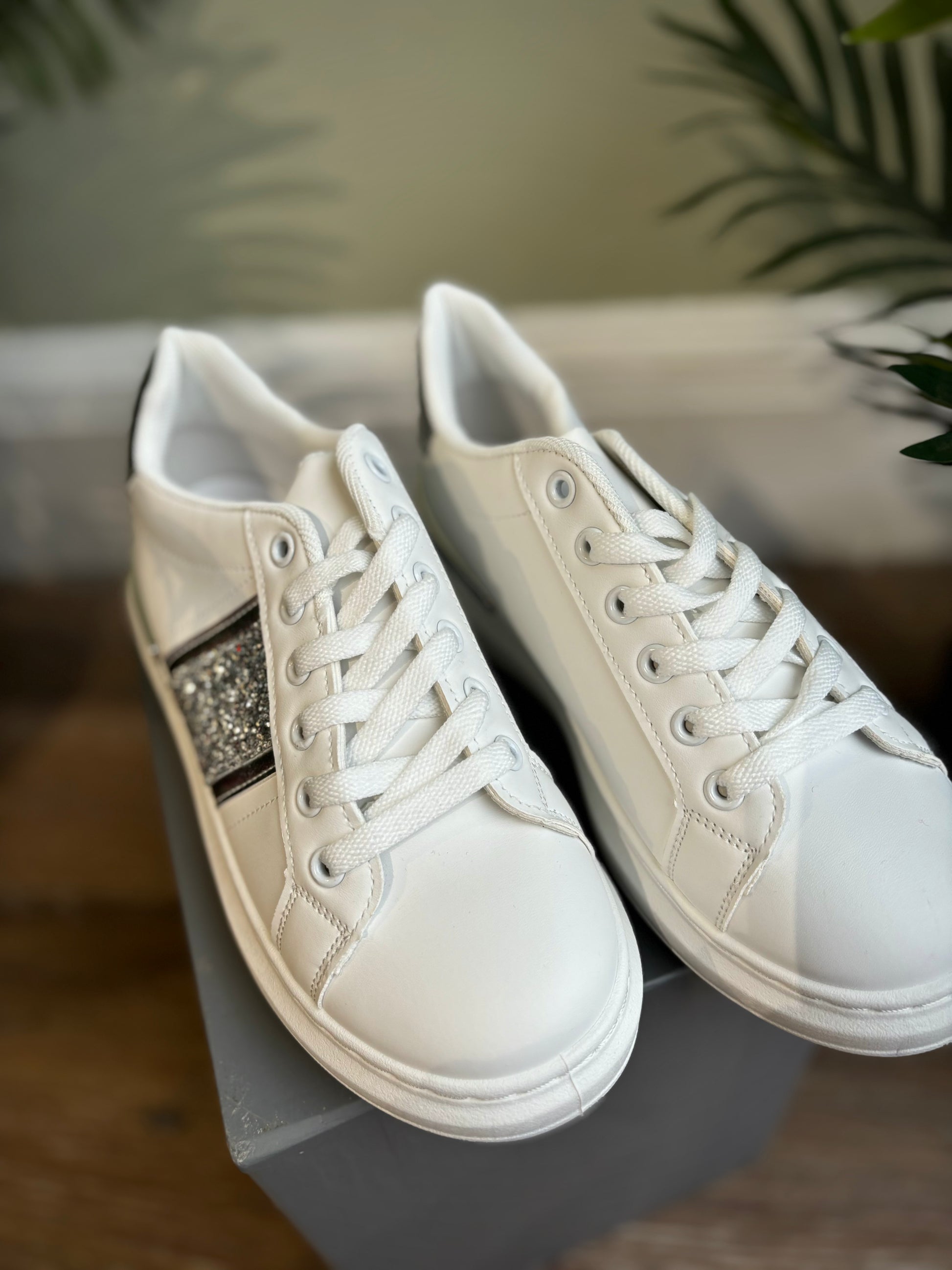 Every day, 24/7 White Chunky Trainers With Silver Glitter Stripe