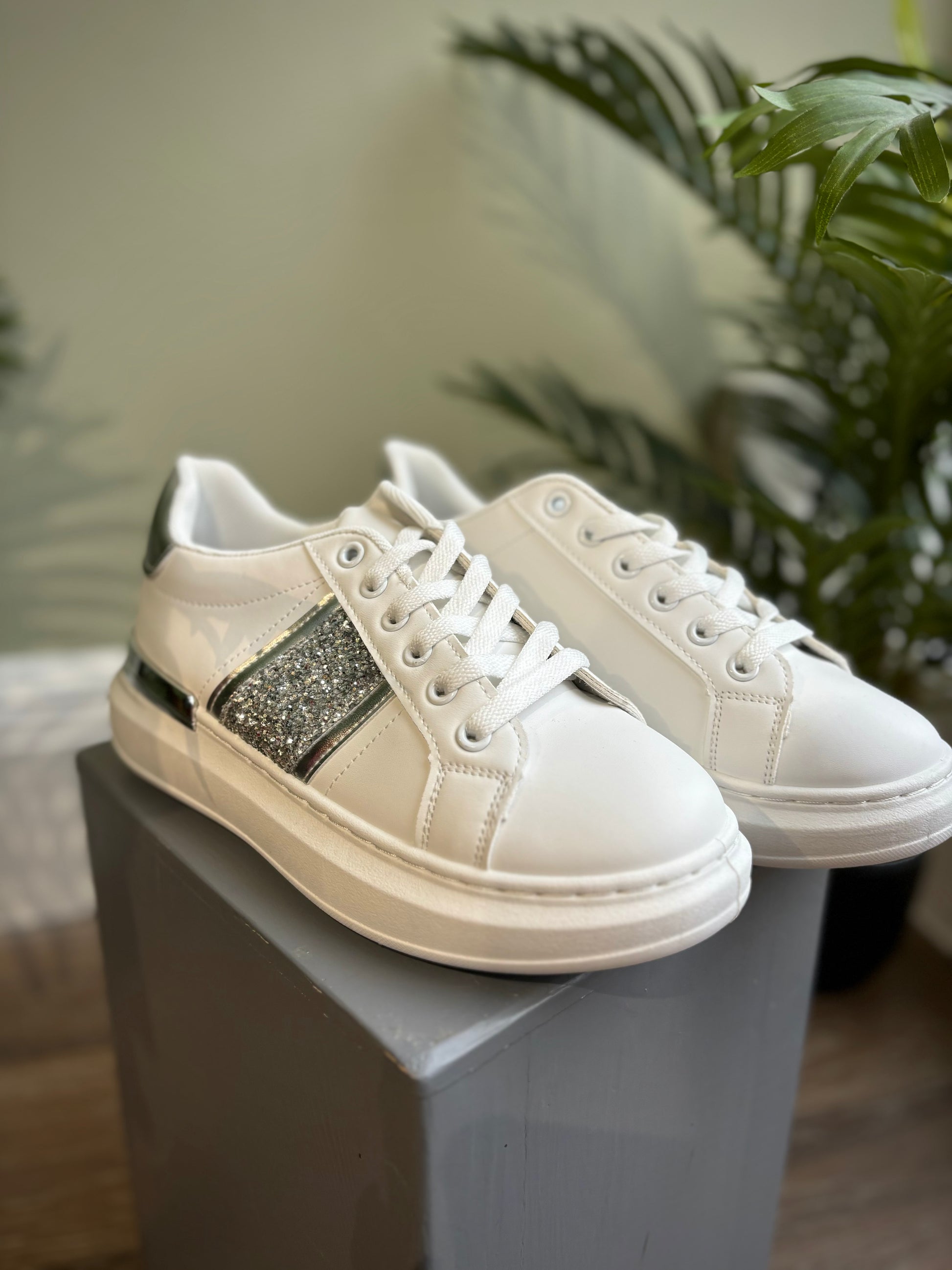 Every day, 24/7 White Chunky Trainers With Silver Glitter Stripe