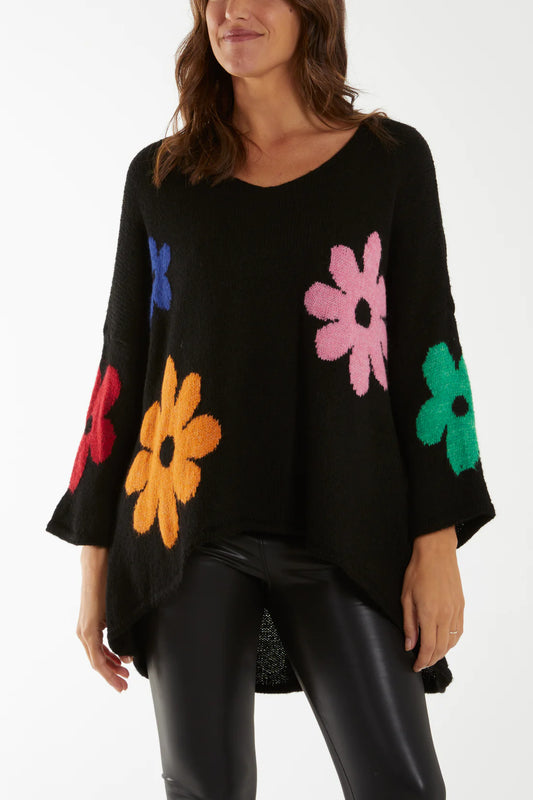 Hannah Bold Floral Design Slouchy Jumper - Black