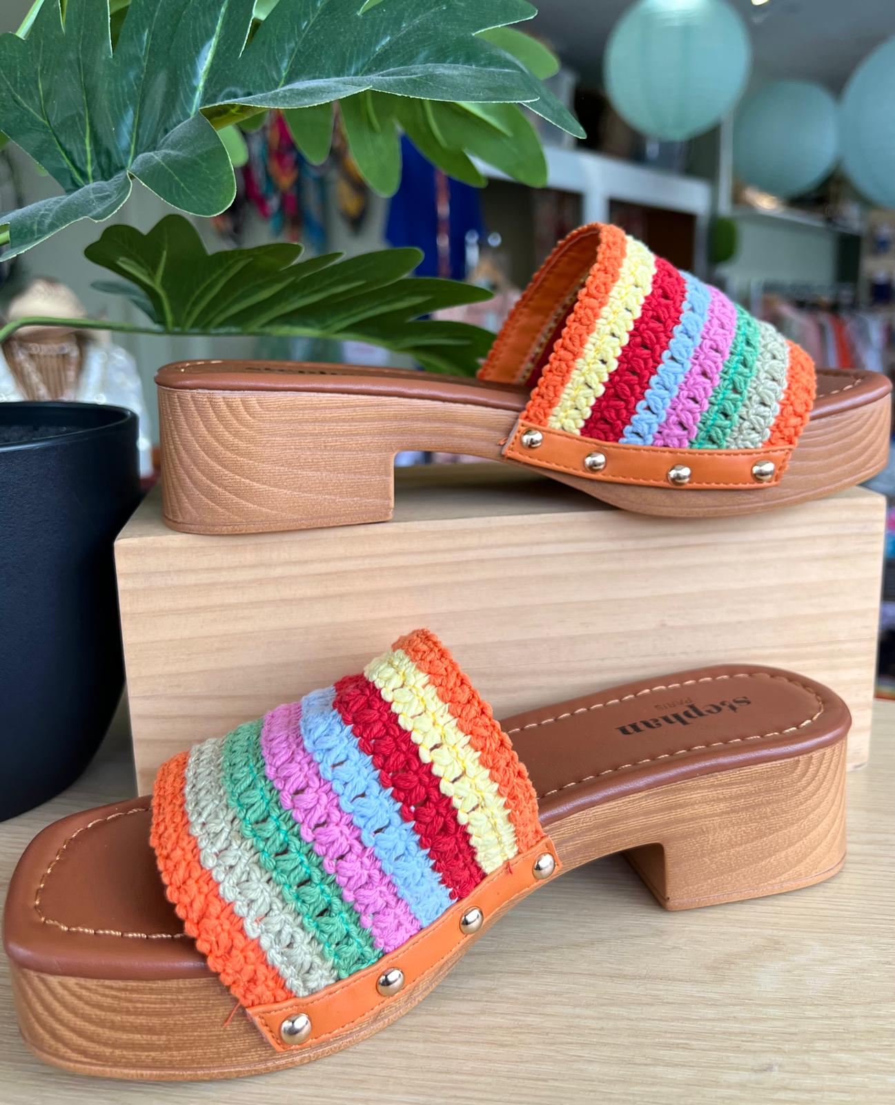 Multicoloured Striped Crocheted Slide Sandals With Wood Effect Heel