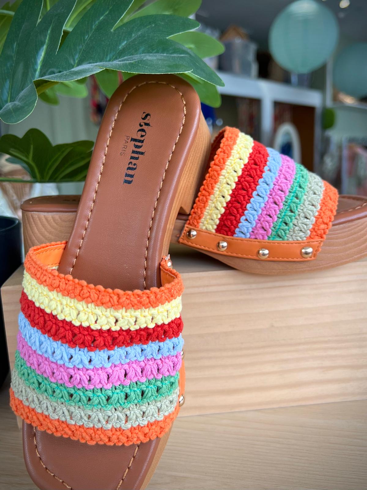 Multicoloured Striped Crocheted Slide Sandals With Wood Effect Heel
