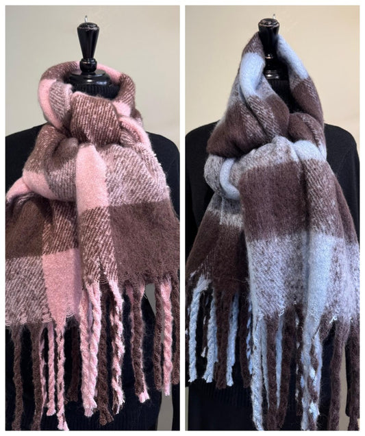 Katie Large Checked Blanket Scarf - Pastel Pink & Brown Or Pastel Blue & Brown