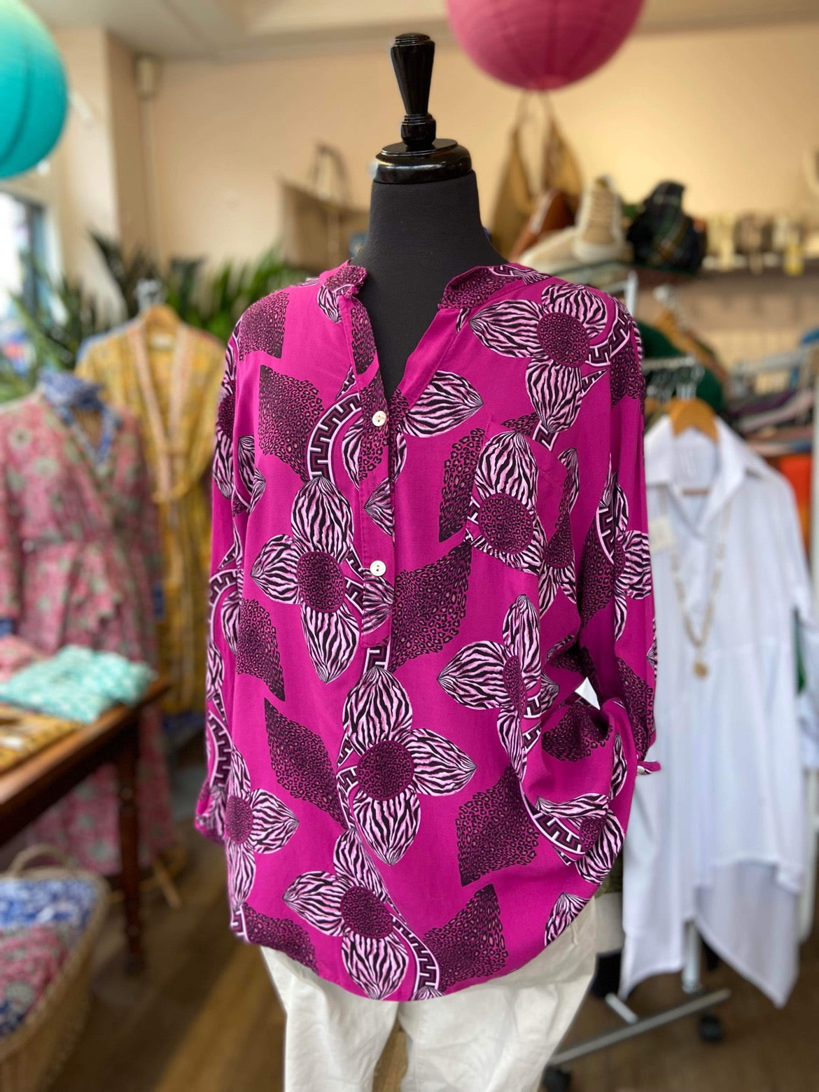 Kaya Batik-Inspired Floral Print Blouse - Cerise Pink Or Mustard