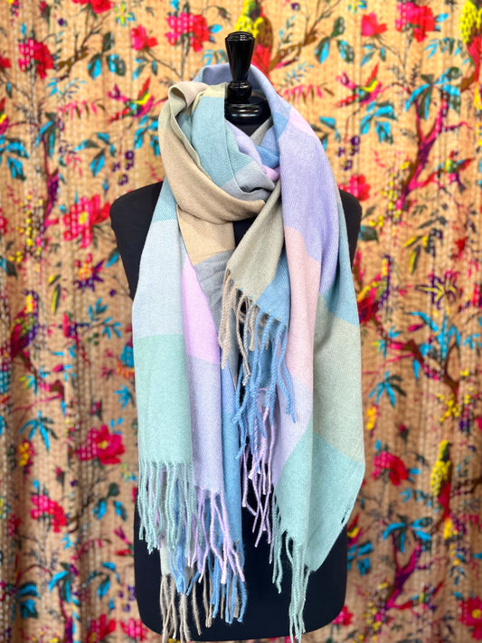 Sugared Almonds Pastel Checked Pashmina Style Scarf - Icy Pastel Pink, Green, Lilac