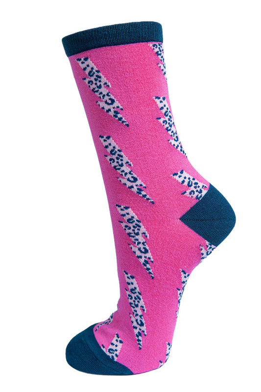 Pink Bamboo Socks With Leopard Print Lightning Flash