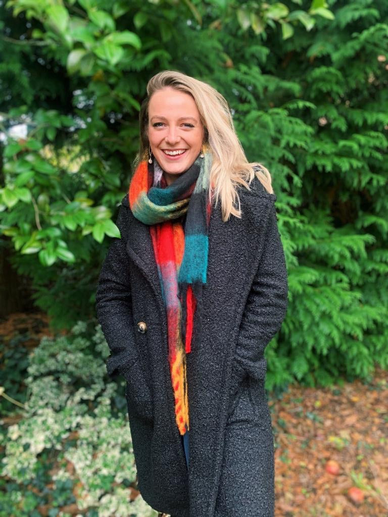 Orange Multi Checked Wool Mix Blanket Scarf