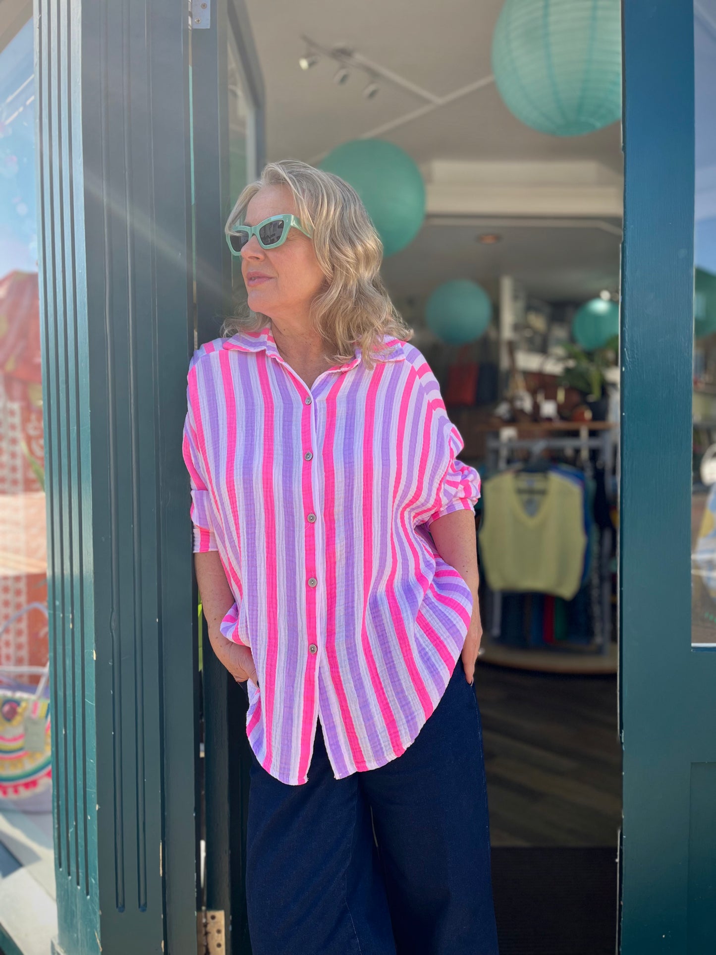 Amy pink white & lilac stripe oversized cotton cheesecloth shirt