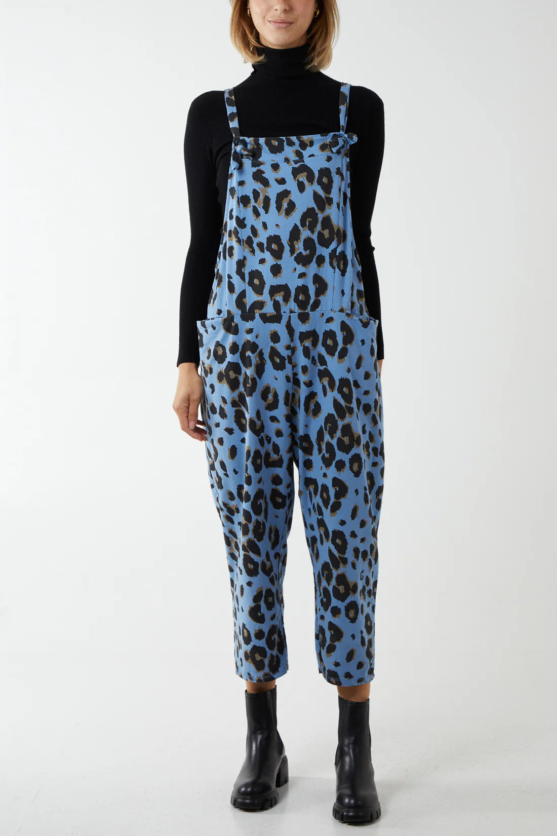 Debs Leopard Print Jersey Dungarees - Denim Blue