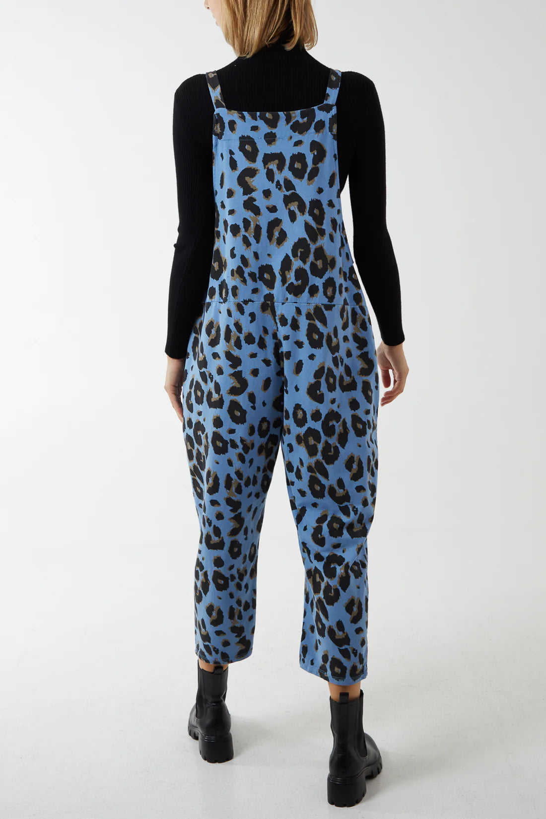 Debs Leopard Print Jersey Dungarees - Denim Blue