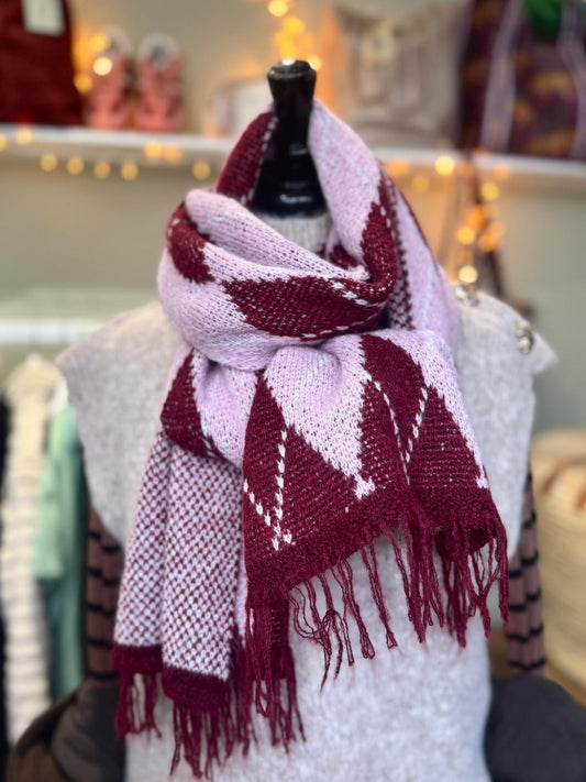 Pink & Burgundy Argyl Wool Blend Scarf