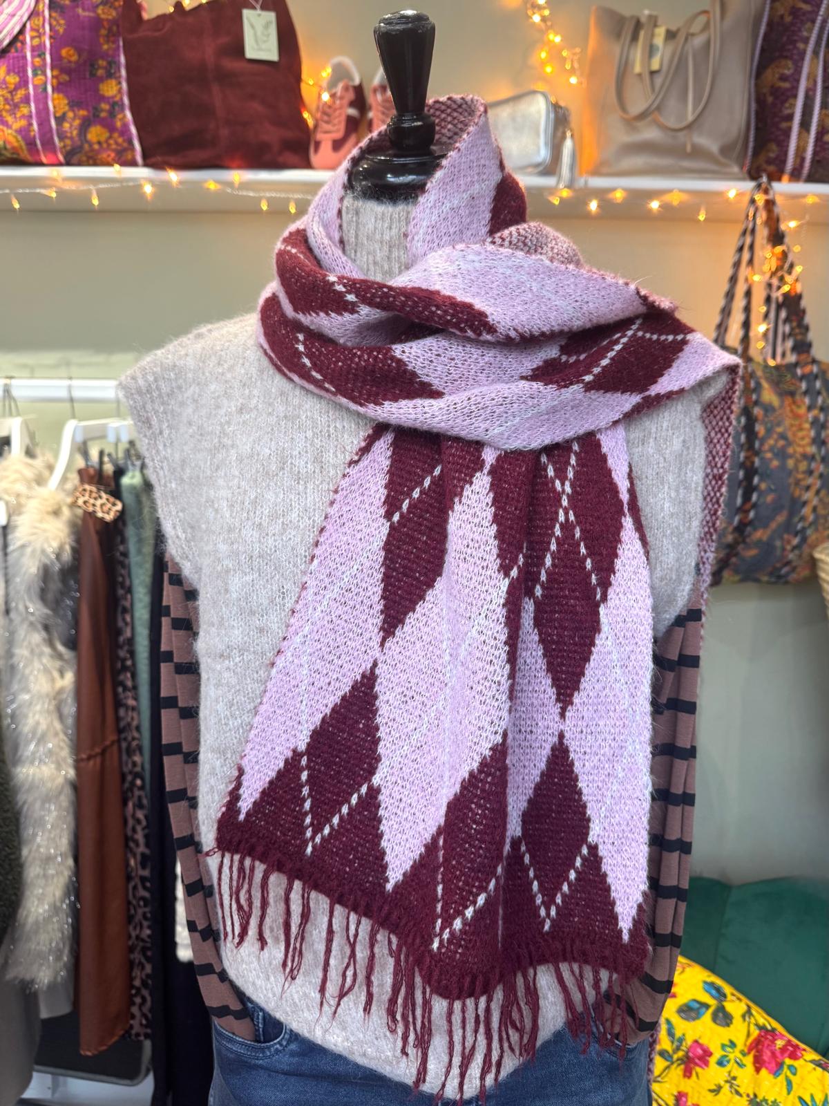 Pink & Burgundy Argyl Wool Blend Scarf