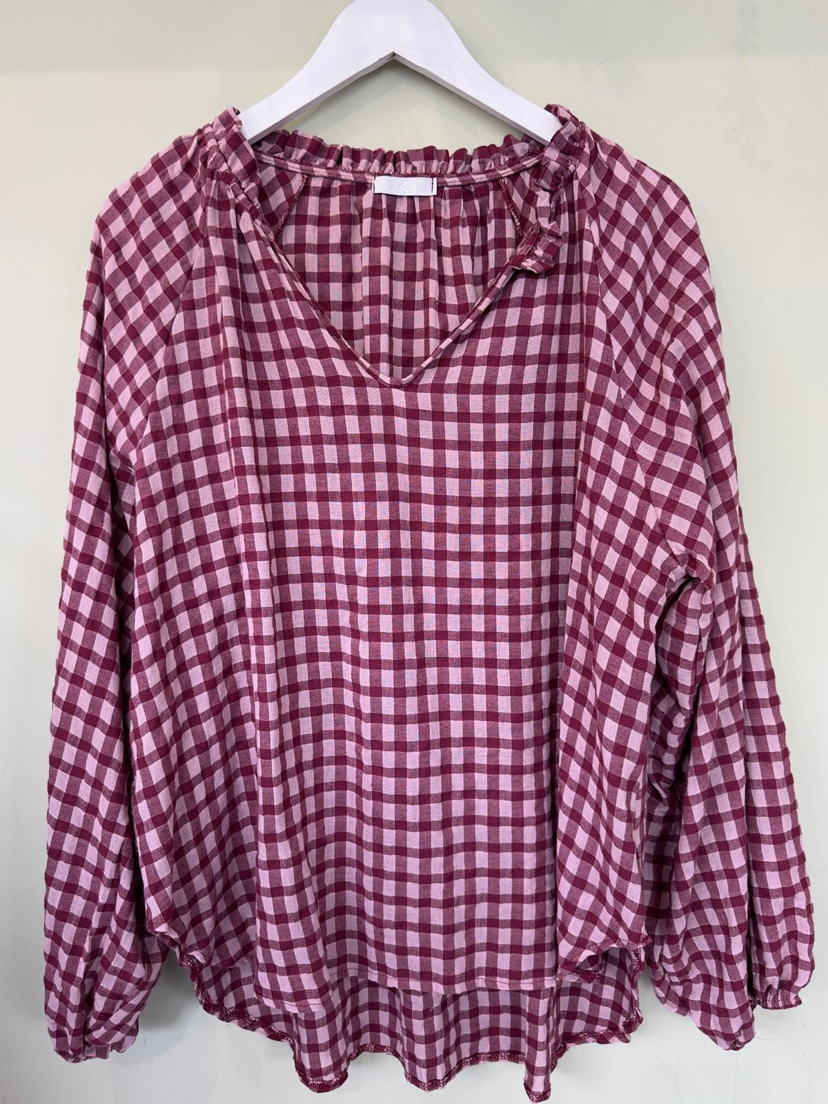 Sandy V Neck Gingham Shirt With Ruffle Collar