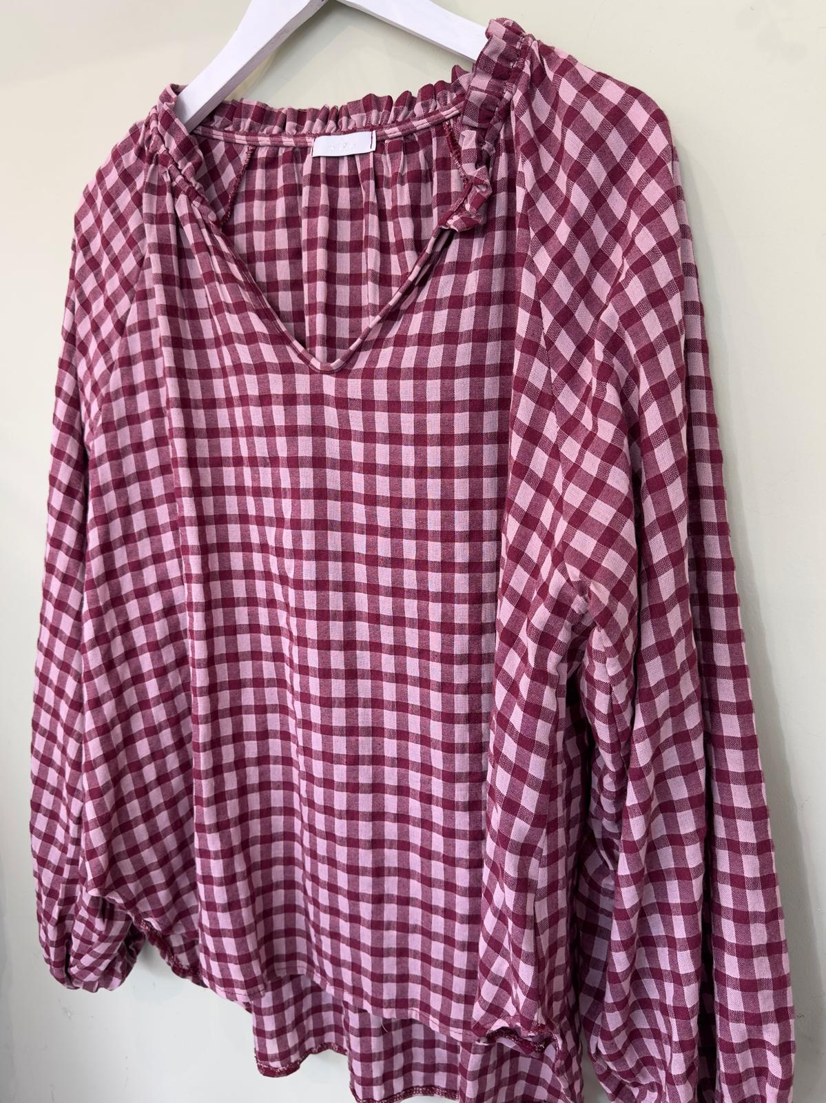 Sandy V Neck Gingham Shirt With Ruffle Collar