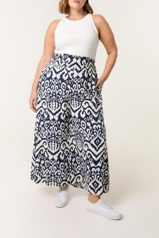 Tamarisk Curve Shirred Waist Ikat Print Wide Leg Trousers - Blue & White