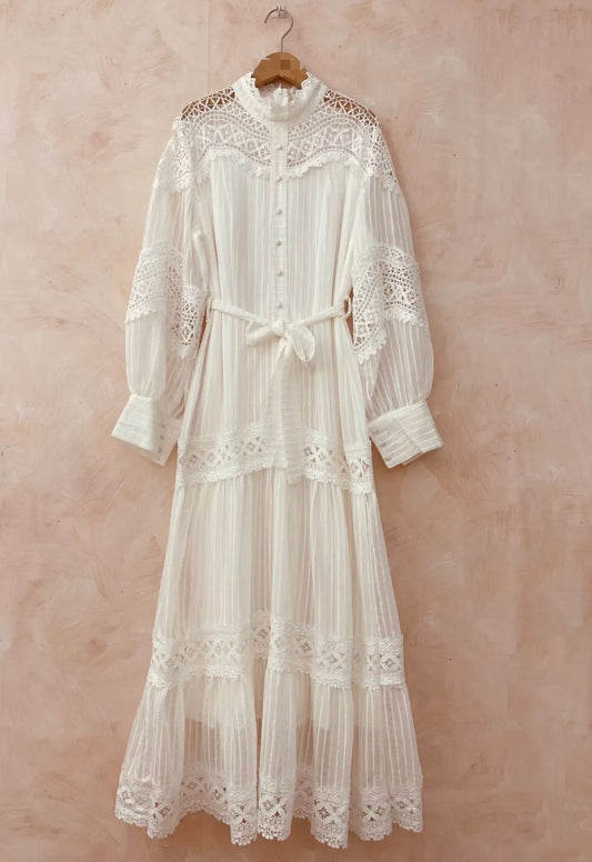 Grace Long Sleeved High Neck Boho White Lace Maxi Dress
