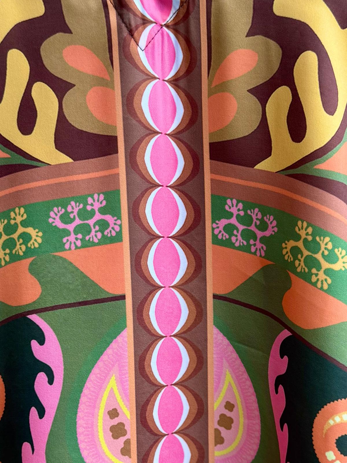 Zenia 70s Inspired Satin Scarf Print Maxi Kaftan - Brown, Green, Pink