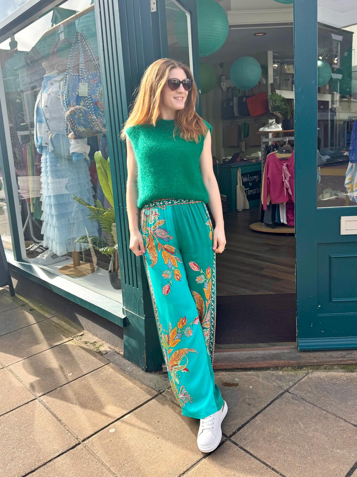 Ailsa Paisley Print Wide Legged Satin Trousers - Turquoise/Teal Or Yellow