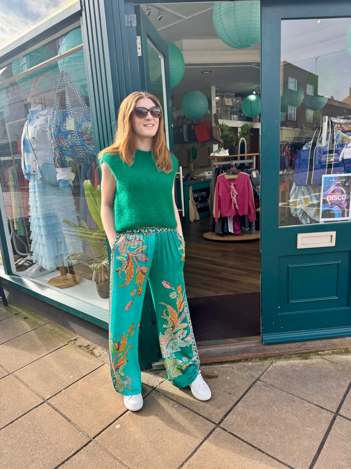 Ailsa Paisley Print Wide Legged Satin Trousers - Turquoise/Teal Or Yellow