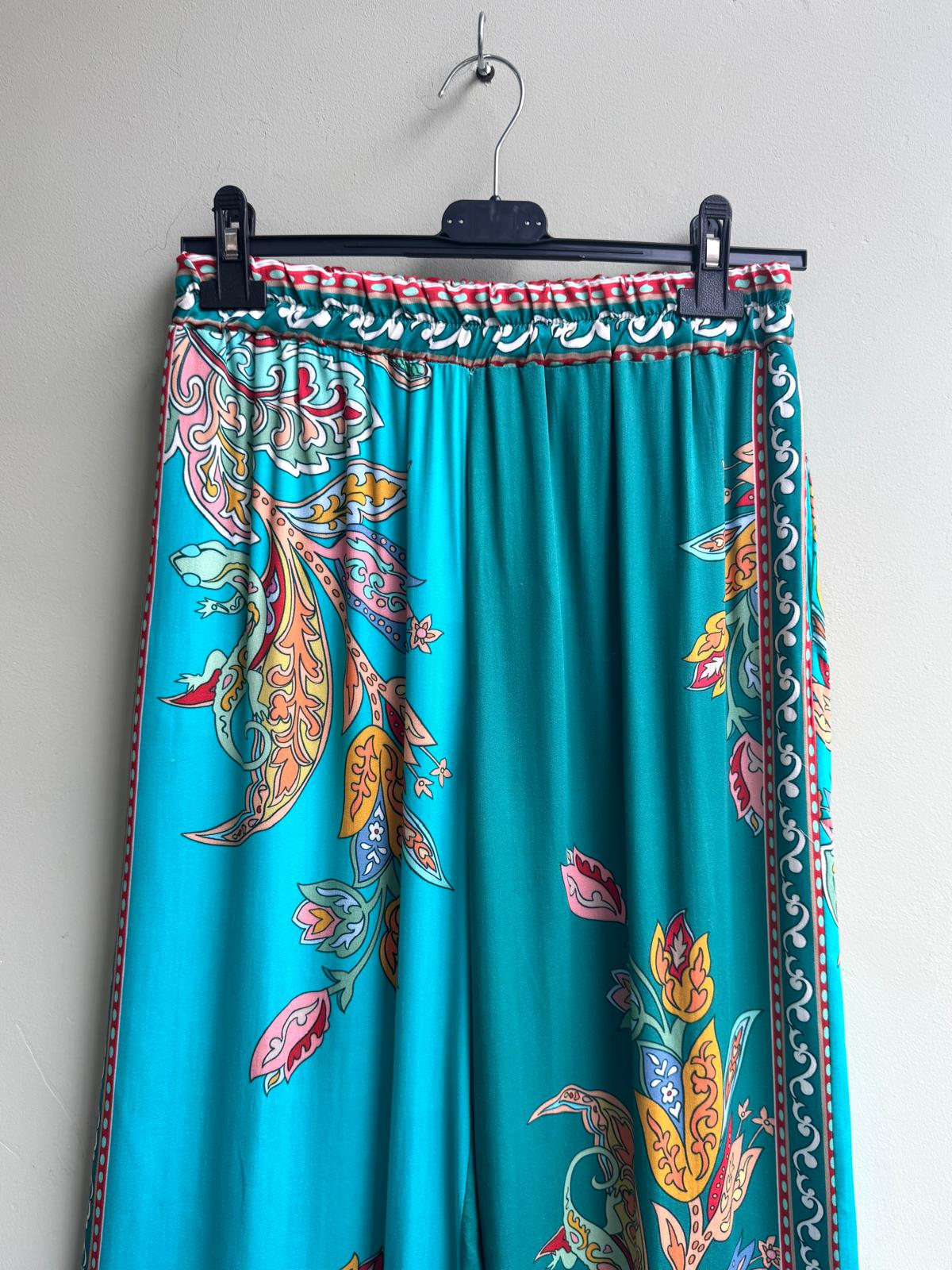 Ailsa Paisley Print Wide Legged Satin Trousers - Turquoise/Teal Or Yellow