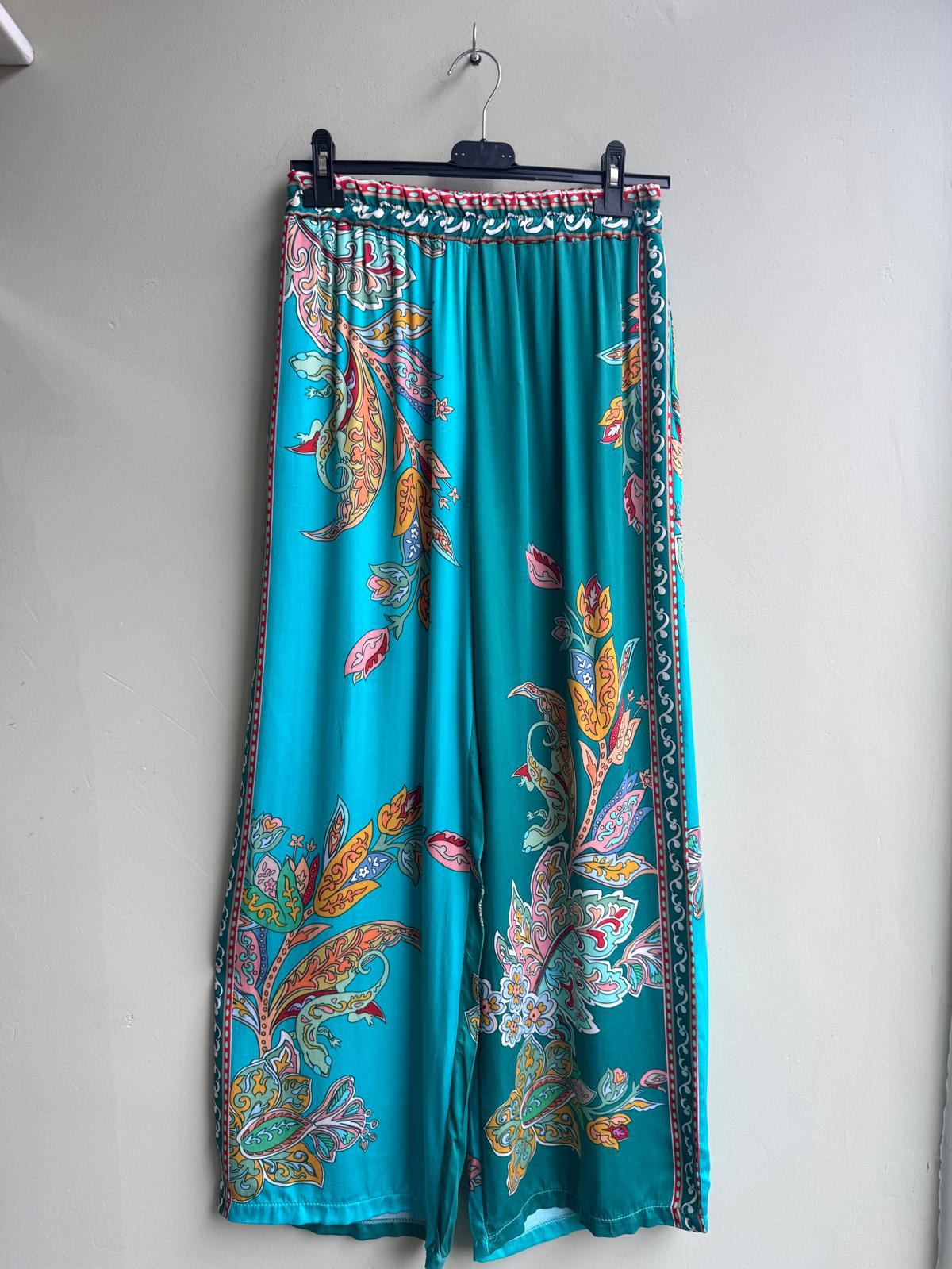 Ailsa Paisley Print Wide Legged Satin Trousers - Turquoise/Teal Or Yellow
