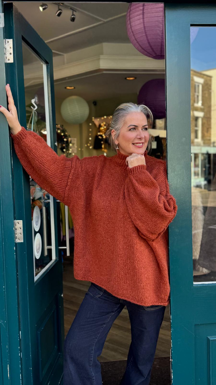 Claire Funnel Neck Balloon Sleeve Slouchy Chunky Knit Jumper