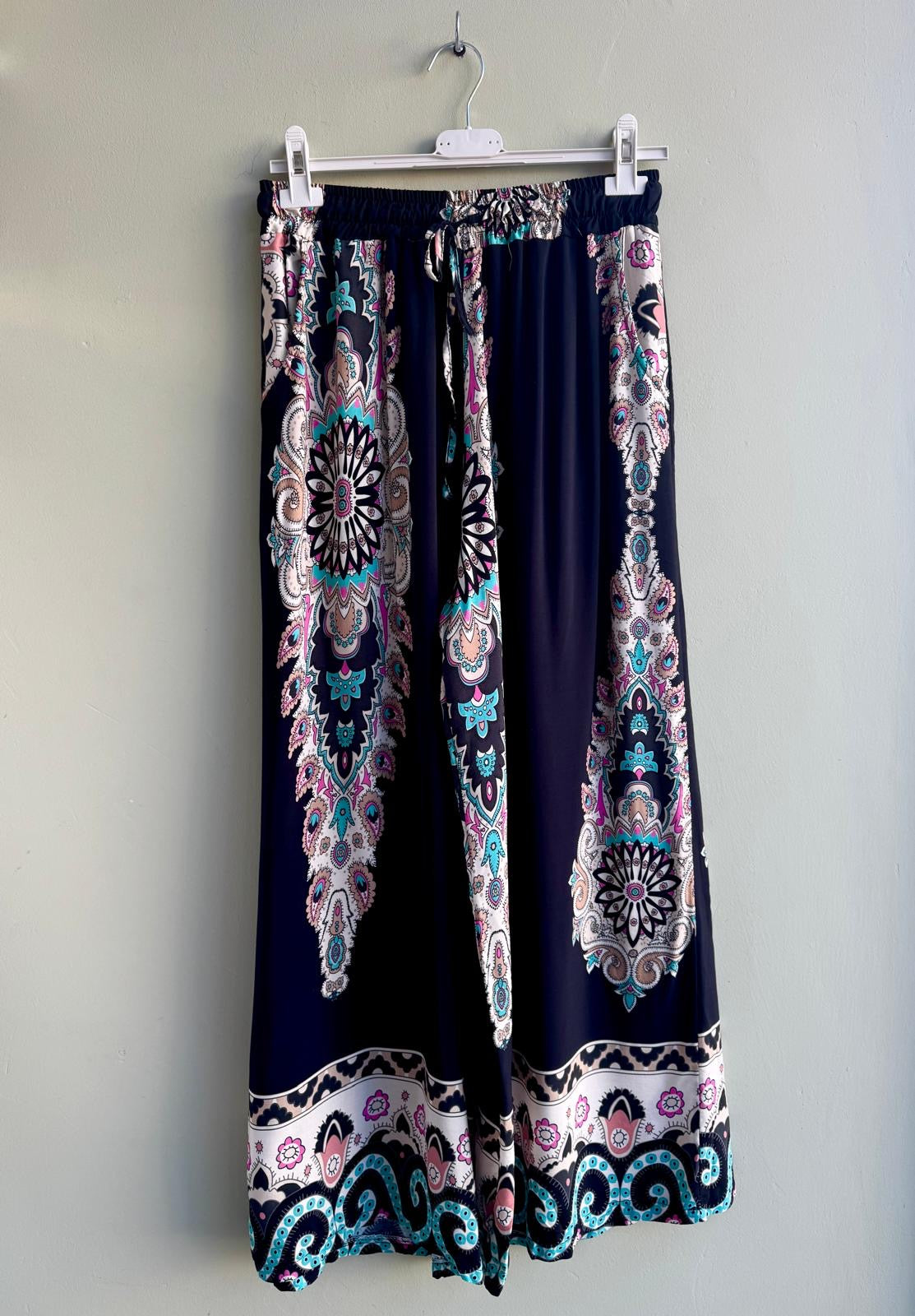 Kaya Wide Leg Pull On Trousers - Black Paisley