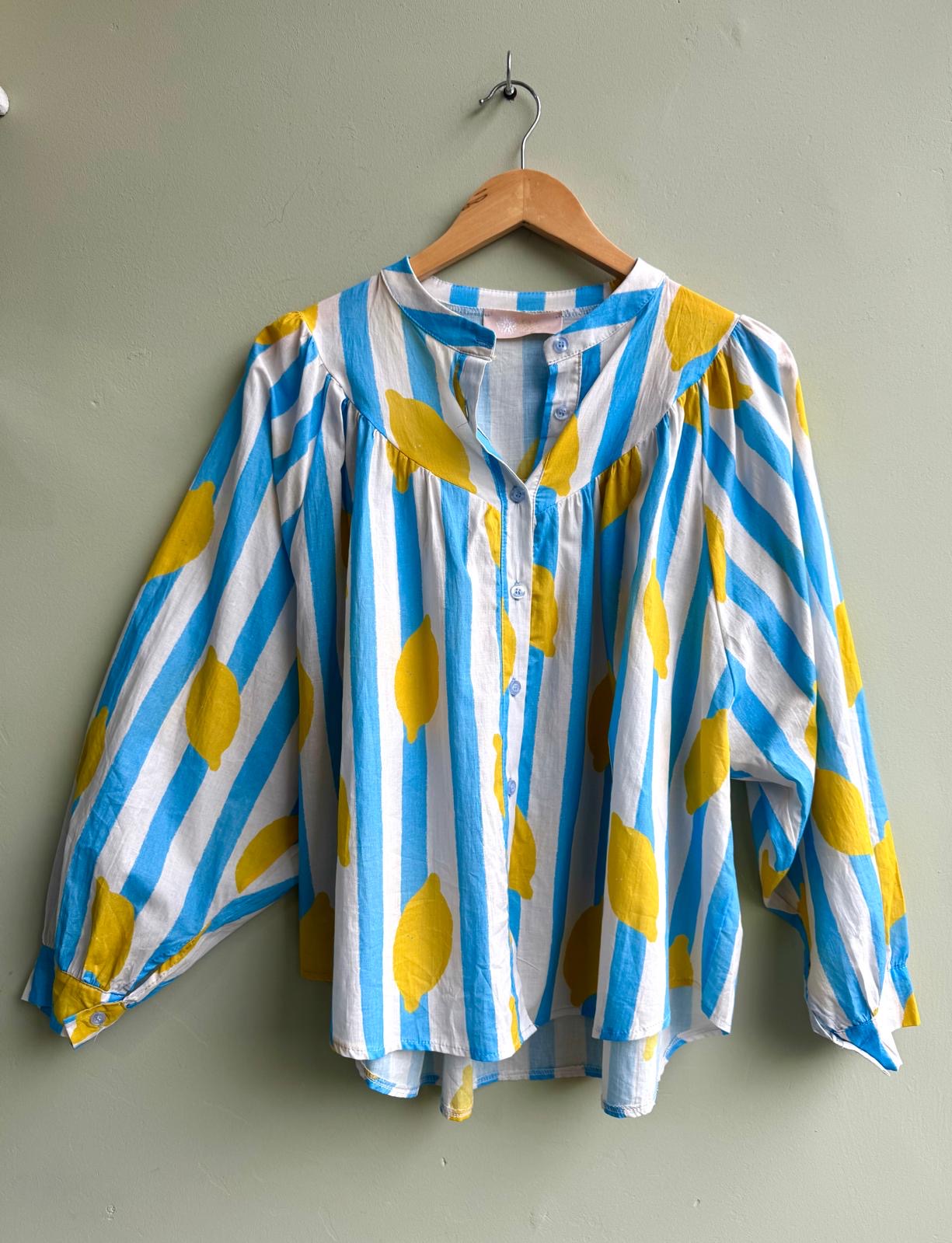 Francesca Wide Striped Lemon Print Cotton Shirt - Blue, White & Yellow