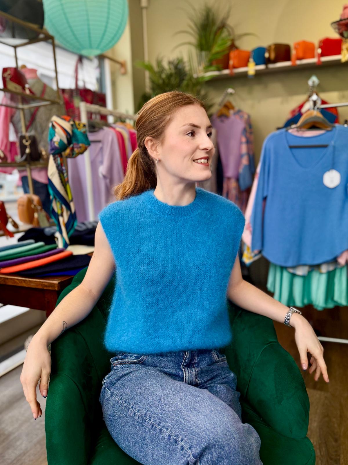 Emma Mohair Blend Round Neck Tank Top - China Blue