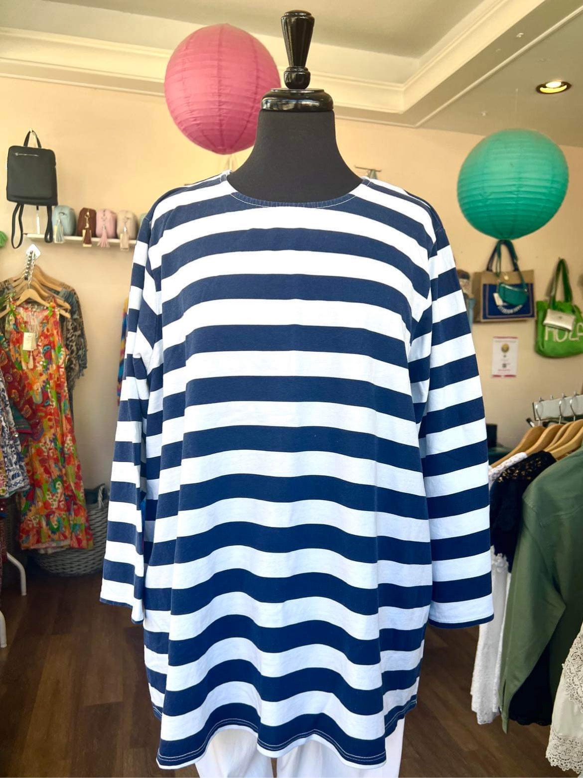 Gee Slouchy Blue & White Long Sleeved Striped Tunic Top