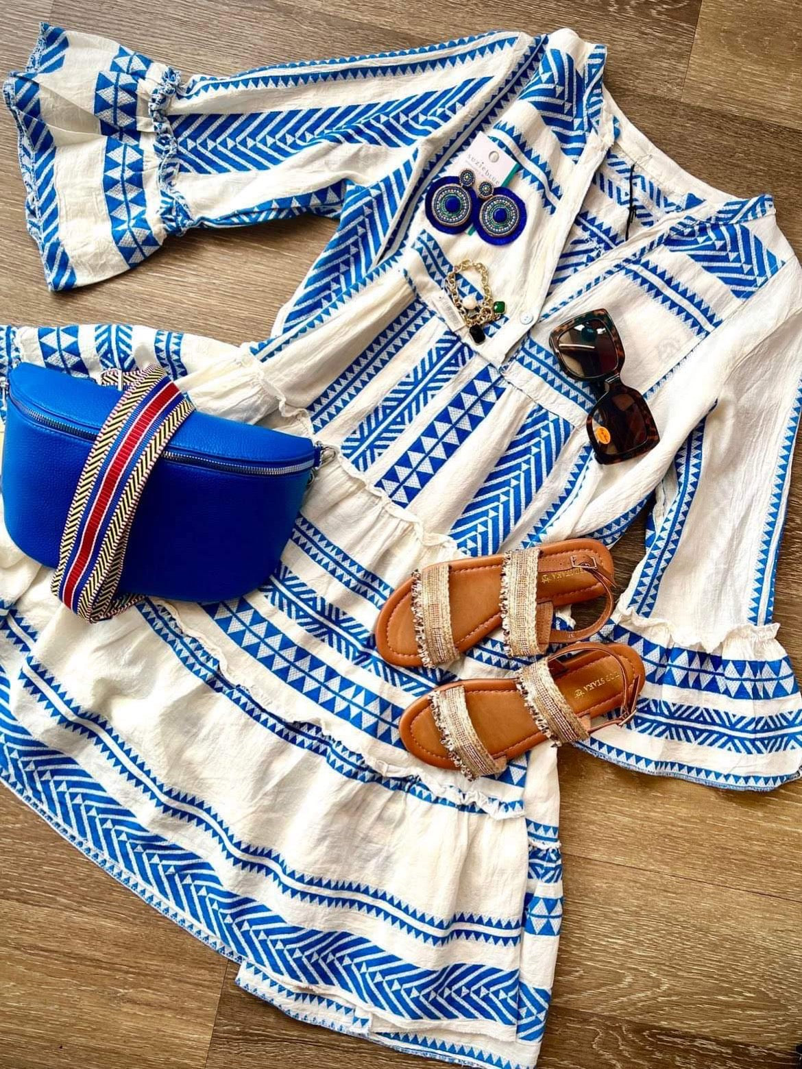 Mamma Mia Aztec Woven Cotton Short Dress Santorini Blue & White
