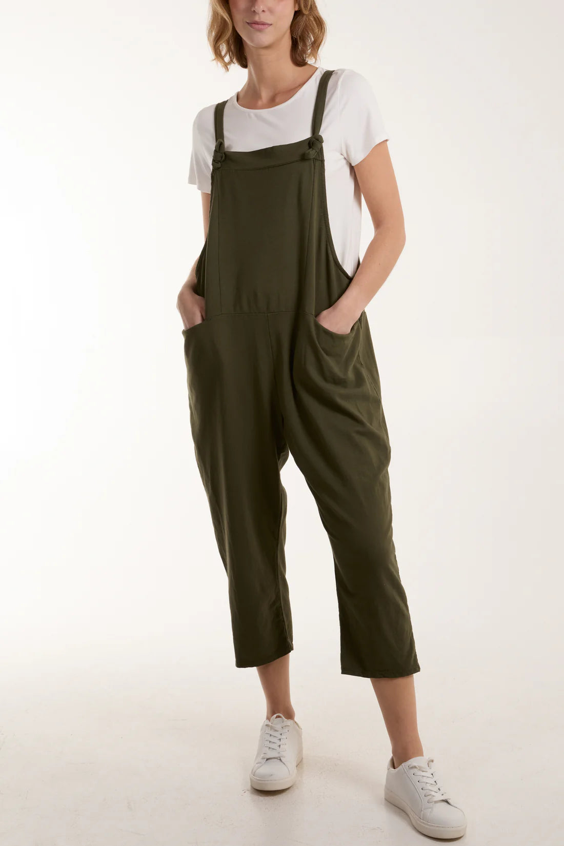 Nisha Plain Cotton Jersey Knot Fastening Dungarees - 4 Colours