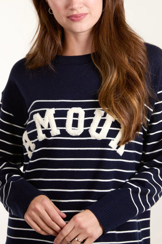 Navy Stripe AMOUR Slogan Jumper