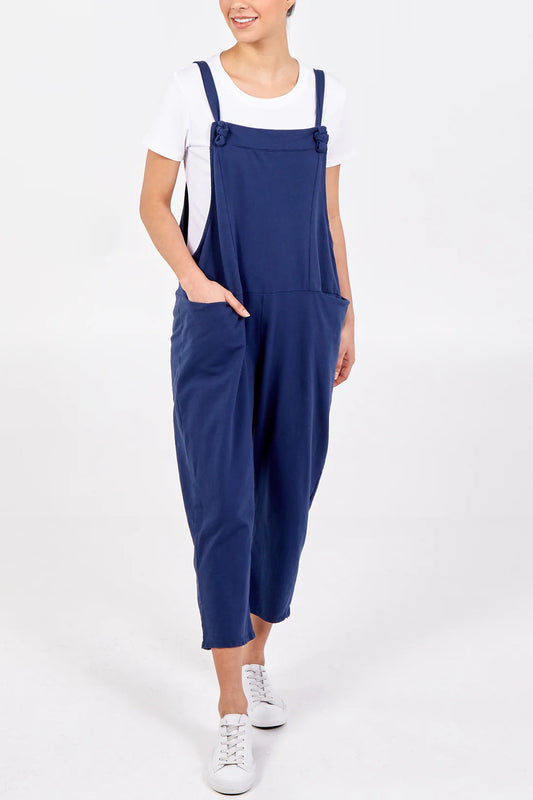 Nisha Plain Cotton Jersey Knot Fastening Dungarees - 4 Colours