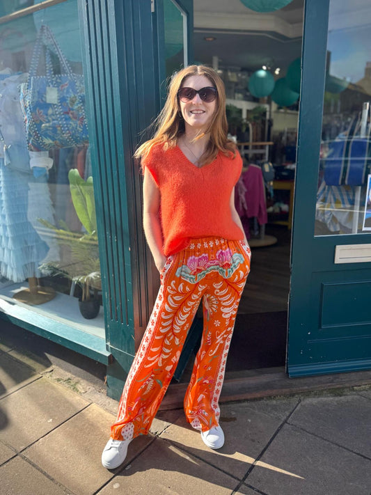 Selma Floaty Wide Legged Silk Blend Paisley Print Trousers - Orange, Cream Or Khaki