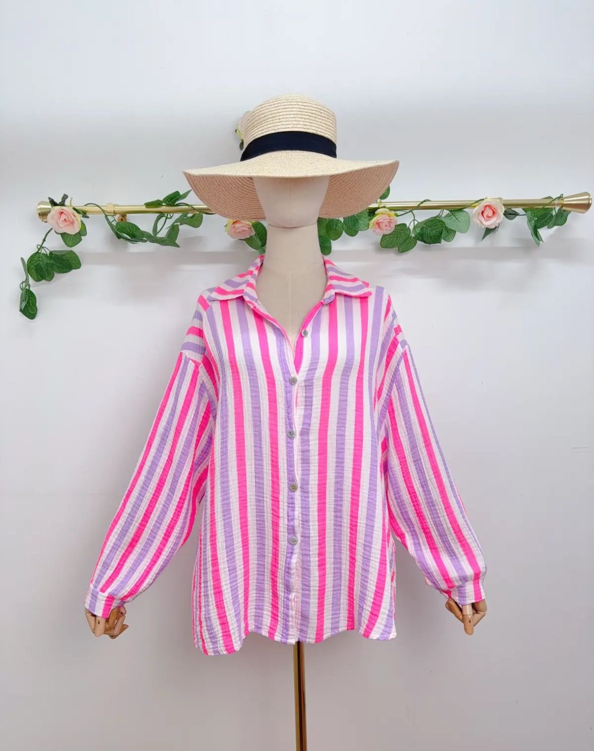 Amy pink white & lilac stripe oversized cotton cheesecloth shirt