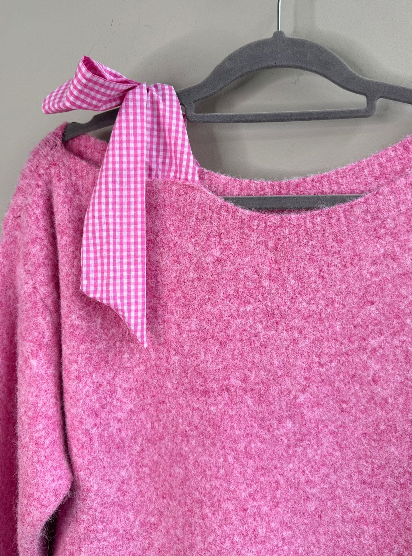 Lainey Pink Gingham Bow Trim Off One Shoulder Jumper