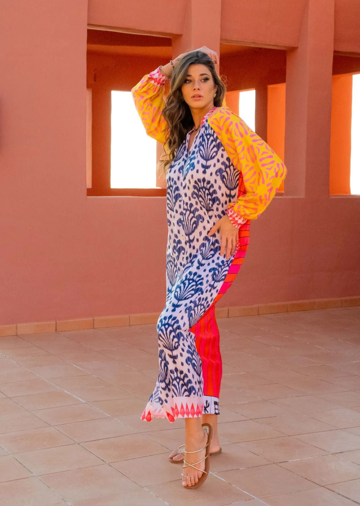 Pandora Silky Tile Print Maxi Kaftan With Large Roaring Tiger Back