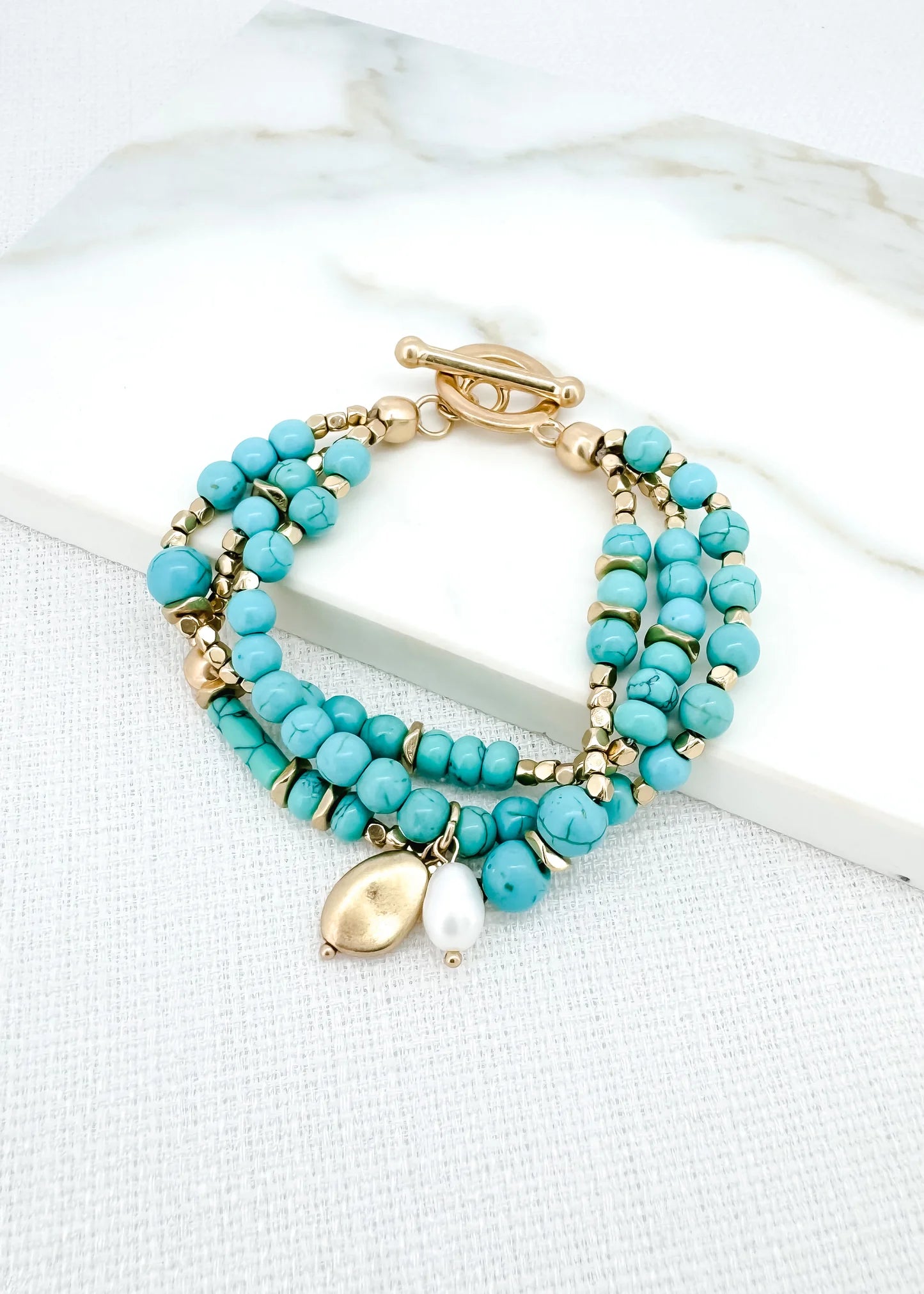 Envy Jewellery Turquoise Agate And Gold Multi Layered Bracelet With Charms