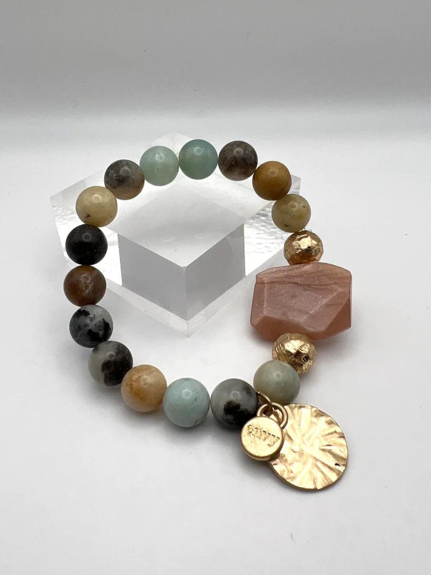 Green & Taupe Agate Stretch Bracelet With Gold Charms - Envy Jewellery
