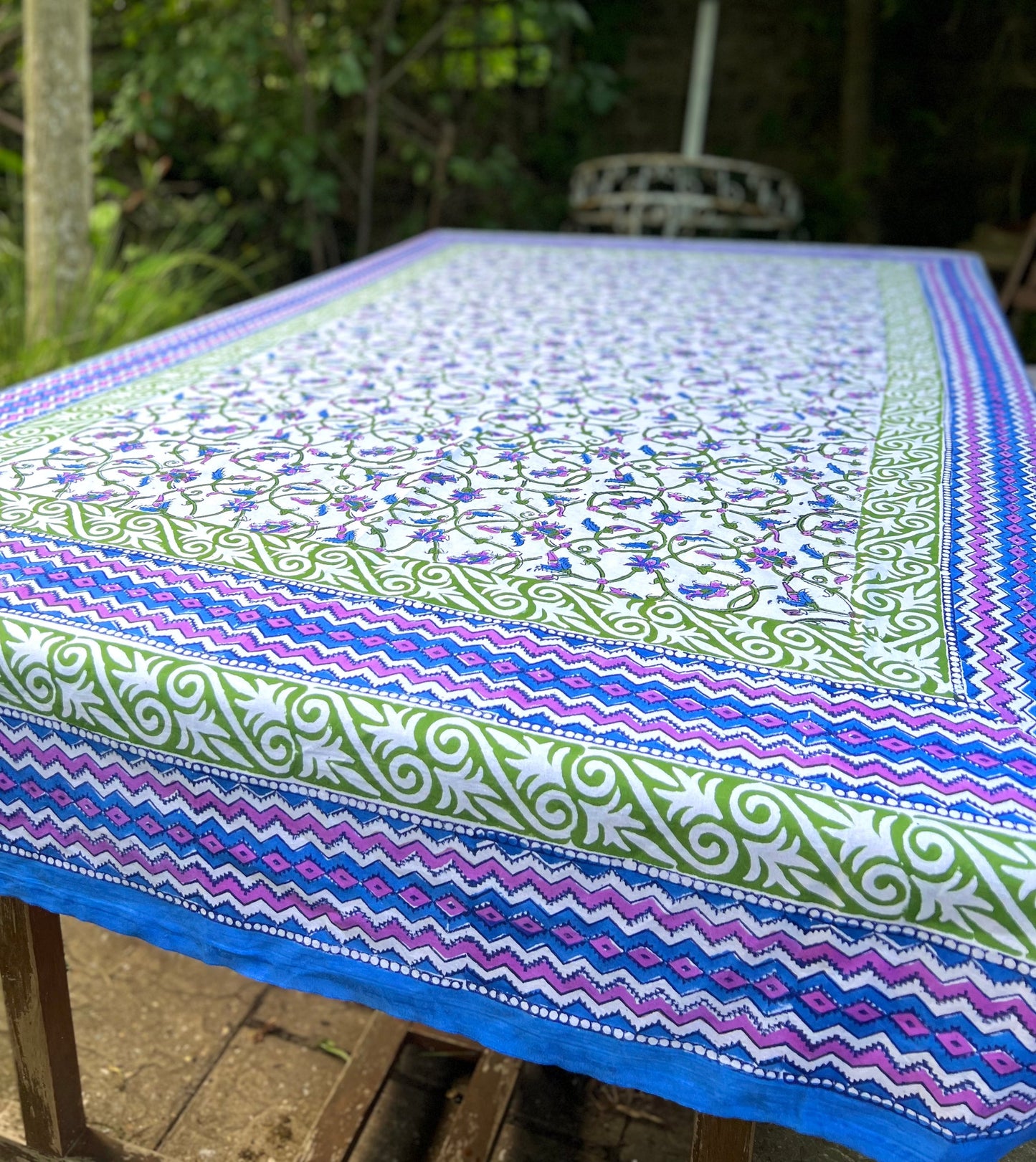 Hand-Block Printed Rectangular Cotton Tablecloth- Purple, Green & Blue