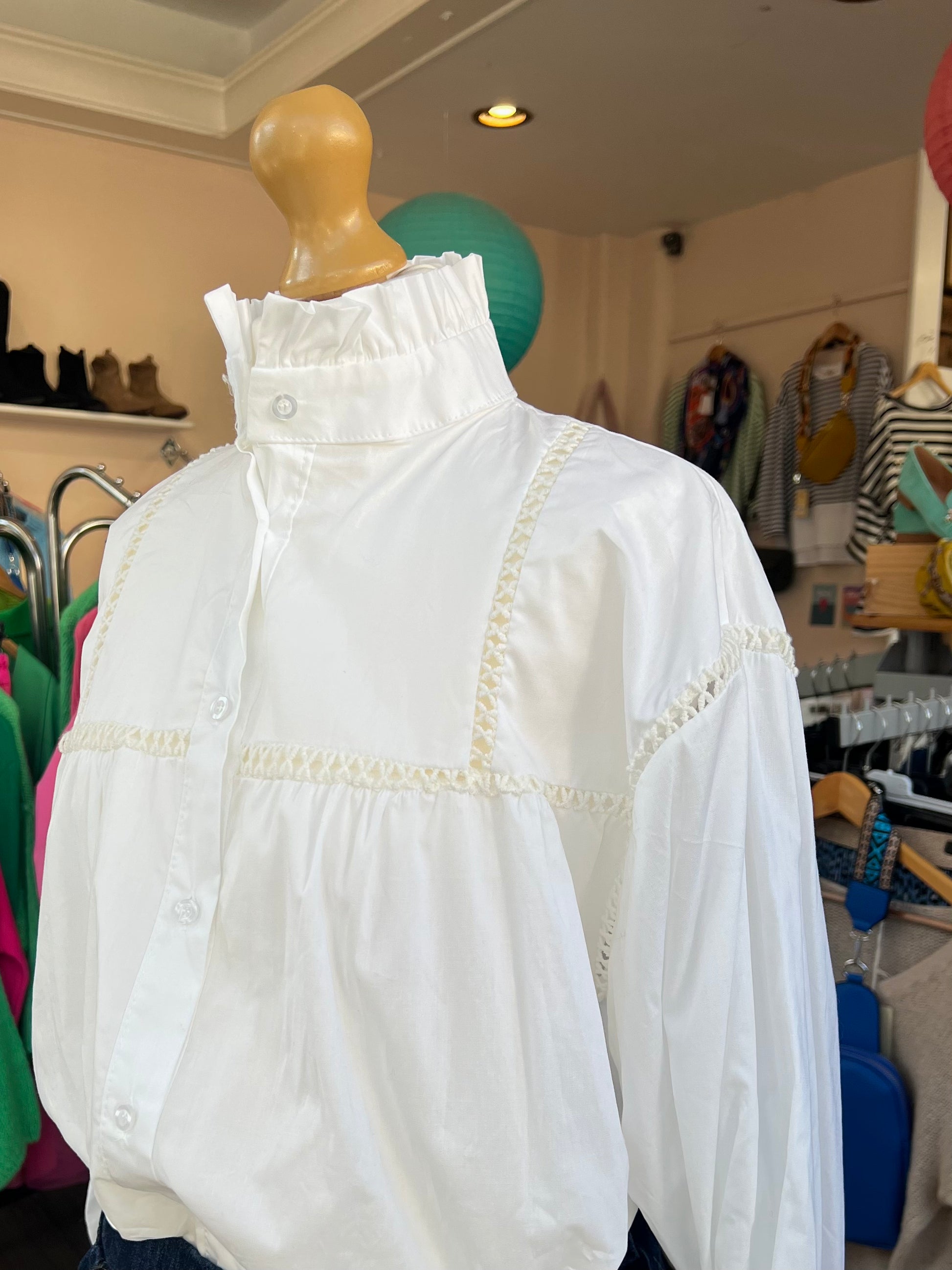 Embroidered Frill Collar White Blouse