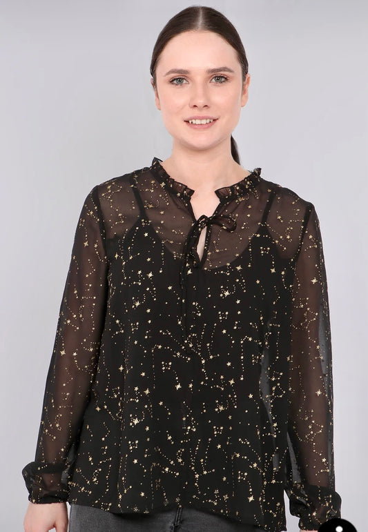 Constellation Star Print Black &Gold Smock Top