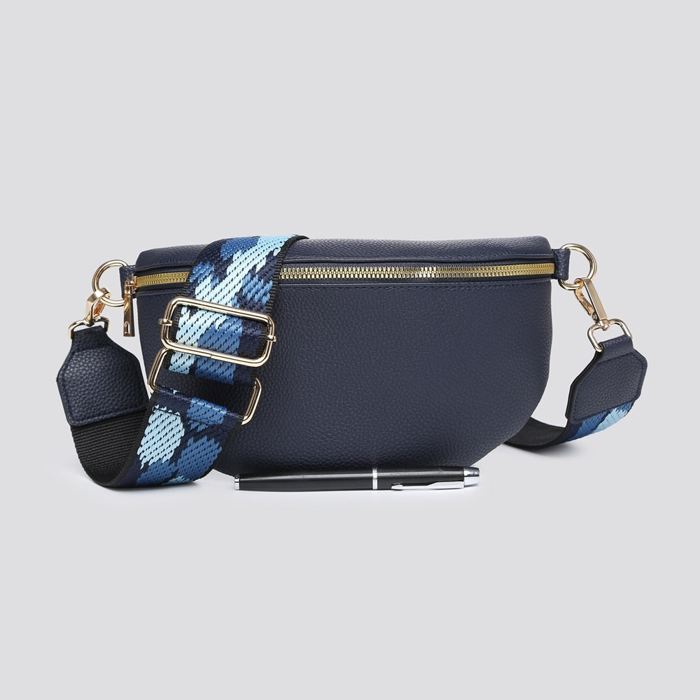 Small PU Cross Body Bum Bag With Patterned Strap