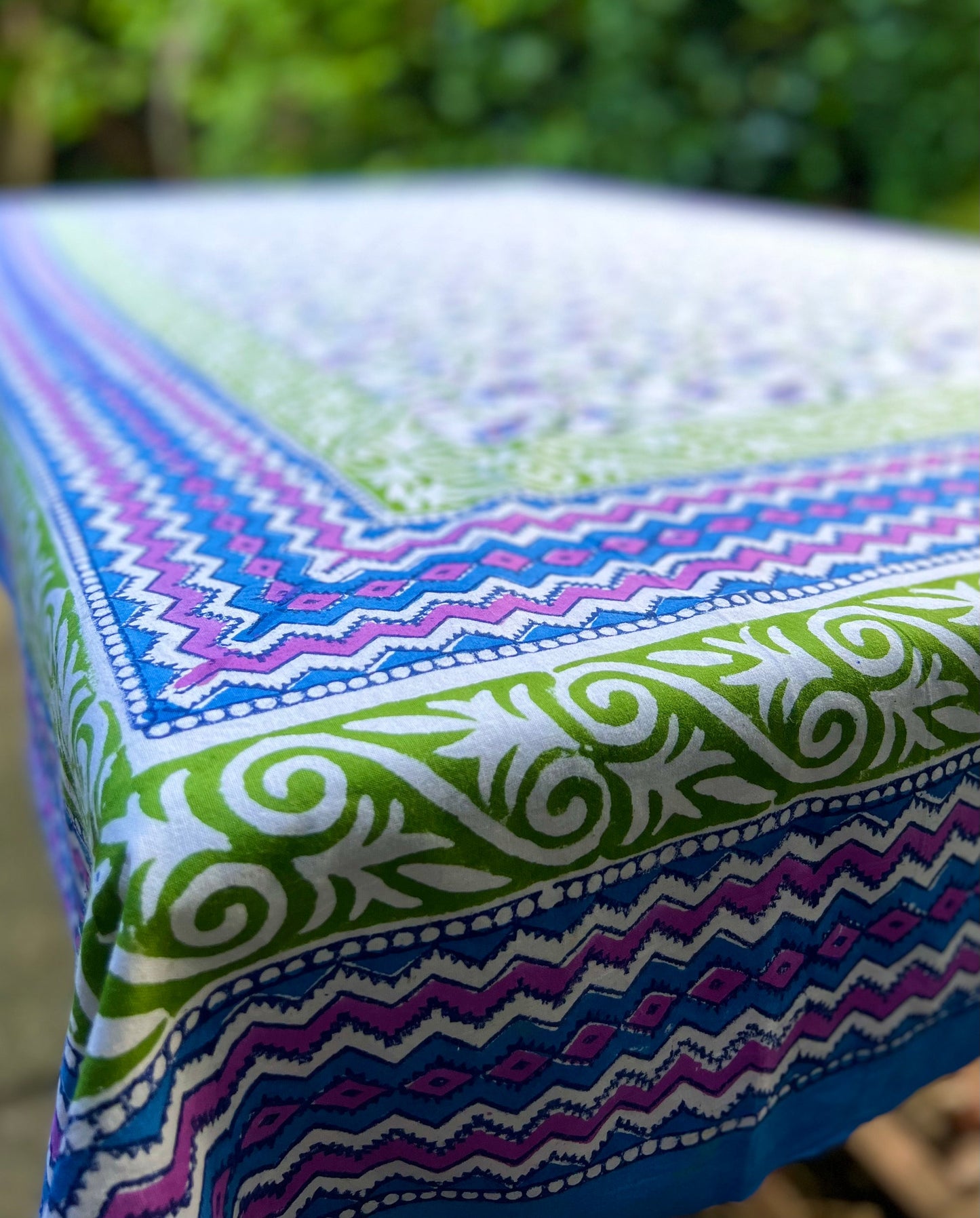 Hand-Block Printed Rectangular Cotton Tablecloth- Purple, Green & Blue